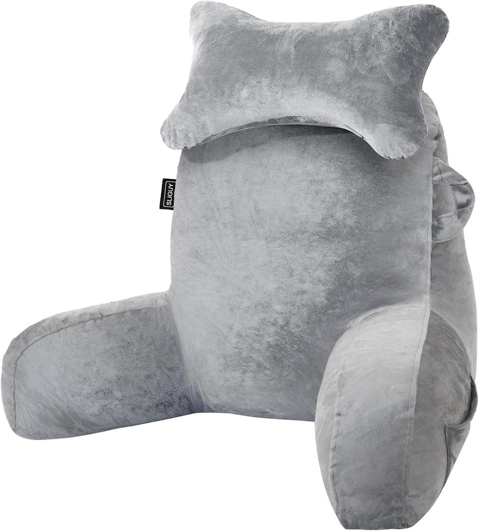 SLIGUY Reading Pillow for Sitting in Bed Couch Adult, Back Pillow with arm Support and Pockets, Adult Back Pillow Bed Chair for Bed Rest, Reading, Watching TV, Gaming for Boys and Girls Dark Grey