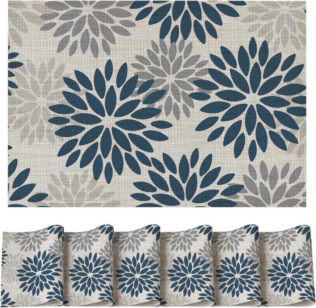 Artoid Mode Floral Vinyl Plistic Placemats Set of 6, Heat Resistant Washable Non-Slip PVC Place Mats for Party Kitchen Dining Decor, Blue Grey (12" x 18", Rectangular 6 Pcs)