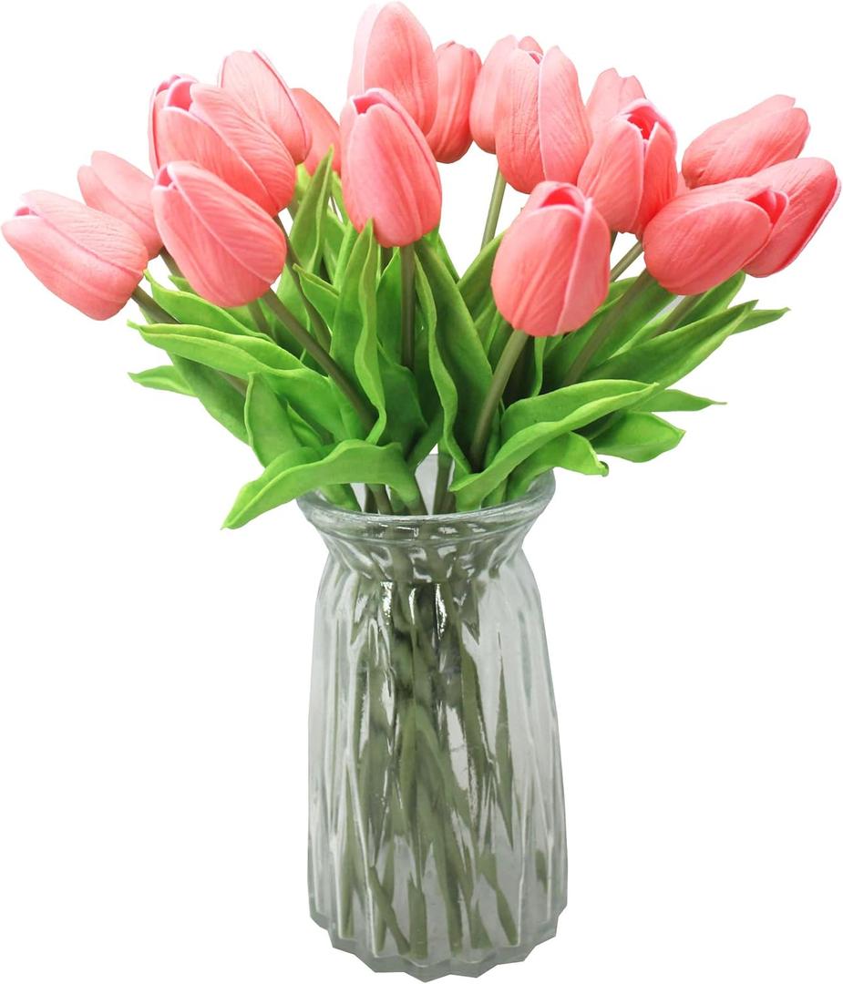 10-Heads Artificial Flowers PU Mini Real Touch Tulip Bouquets for Home Wedding Party Centerpiece Decoration (Gradient Coral)