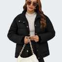 Funlingo Women's Cropped Puffer Jacket Winter Stand Collar Zip Up Snap Button Warm Lightweight Short Quilted Coat (Black, S)