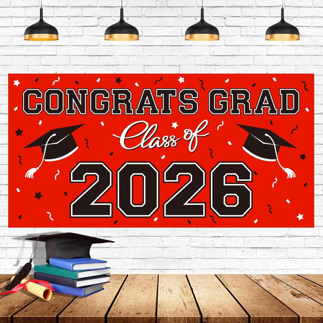 4 x 2026 Graduation Party Plastic Backdrop - 65" x 32.7" Congrats Grad Banner in Red, Large Class of 2026 Decorations, Photography & Grad Party Supplies