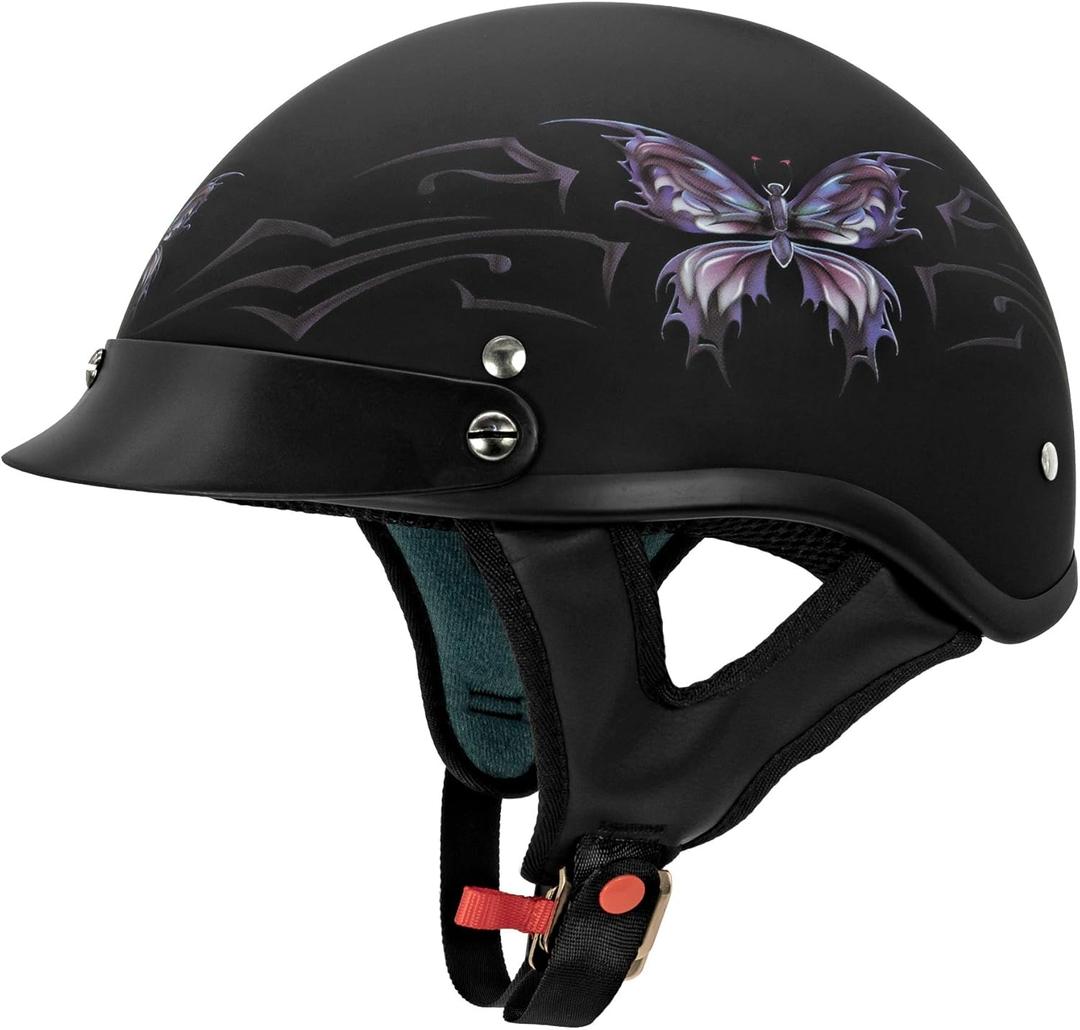 VCAN Cruiser Intricate Butterfly Motorcycle Half Helmet (X-Small, Flat Black Butterfly)
