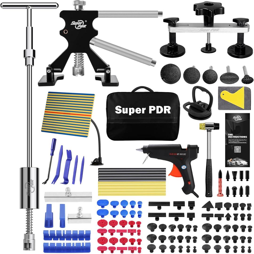 Super PDR Car Dent Puller Auto Body Ding Repair Dent Removal Tools Paintless Dent Removal Kit with Bridge Puller Slide Hammer T-Bar for Car Dent Remover and Motorcycle Surface Repair