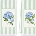 Blue Hydrangea Kitchen Towels, Preppy Green Striped Floral Decorative Hand Towels for Bathroom Kitchen, Hydrangea Floral Dish Tea Towel, 16x24 Inches Set of 2