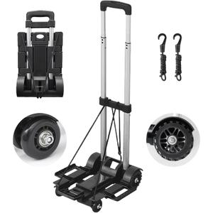 Small Folding Hand Truck Dolly, 4 Wheels Portable Luggage Cart, Lightweight Aluminum Collapsible Utility Cart for Travel, Shopping, Moving, Office, Airport, Warehouse, Black