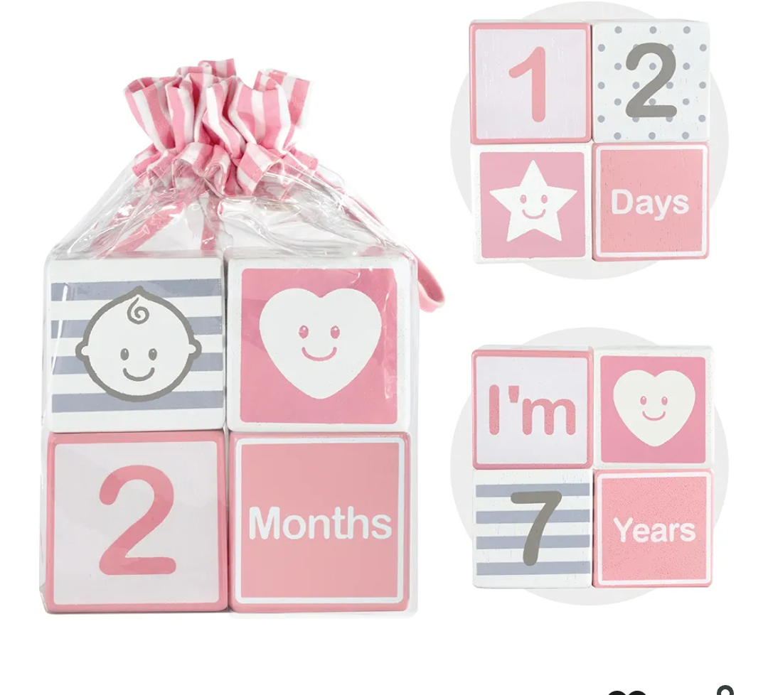 I'm Solid Wood Monthly Weekly Yearly Milestone Age Blocks, Newborn Gifts & Keepsakes for Picture Props (4 Pcs/Pink)