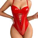 Kaei&Shi Rave Outfits Bodysuit Tops, Fishnet Corset Body Suit, Sexy Lingerie For Women, Faux Leather Festival Goth (8-10, Red)