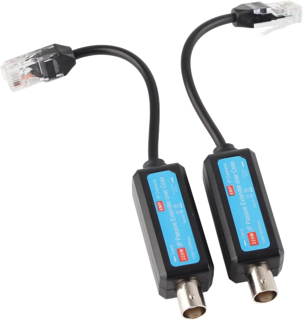 Network Coaxial Transmitter, 1Pair 10/100Mbps 1CH Passive IP Network Transmitter Receiver Passive Extender Ethernet Over Coax Coax Cable to Ethernet Adapter for IP NVR Camera