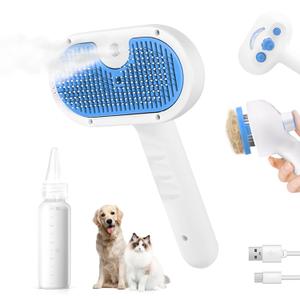 Pet Steam Brush for Dog & Cat - 3-in-1 Steam Grooming Brush for Shedding & Hair Removal - Self Cleaning Spray Comb with Mist for Long Haired Pets, Blue(waterless shampoo not include) (7.8in blue)