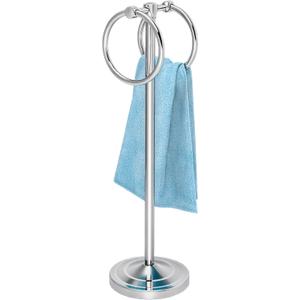 18" Hand Towel Holder Stand, Stainless Steel Free Standing Towel Rack Bar,Double Ring Towel Hanger with Weighted Base, Towel Hardware for Bathroom Vanity Kitchen Countertops(Chrome)