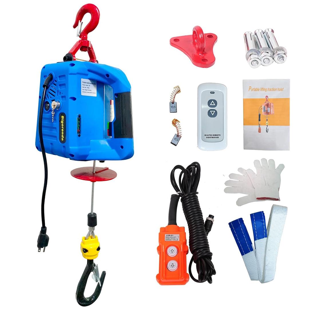 3-in-1 Electric Hoist Winch, 1100lb Capacity, Portable Electric Power Winch with Wire Wireless Remote Control,110V Electric Hoist Crane, 26FT Lifting Height, for Warehouse, Garage, Lifting Towing