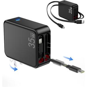 Retractable Wall Charger with Retractable Type-C and Lightening Cables, 35W PD Fast Portable Charger USB-C Block Adapter with Foldable Plug for iPhone 16/ 15, Galaxy, Pixel, iPad and Multiple Devices Retractable Wall Charger with Retractable Type-C and Lightening Cables, 35W PD Fast Portable Charger USB-C Block Adapter with Foldable Plug for iPhone 16/ 15, Galaxy, Pixel, iPad and Multiple Devices