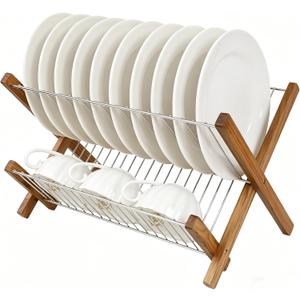 HTB Dish Drying Rack 2 Tier,Collapsible Stainless Steel & Teak Wood Dish Drying Rack,Foldable Dish Drainer for Plates,Cups,Kitchen Counter,Home,Apartment