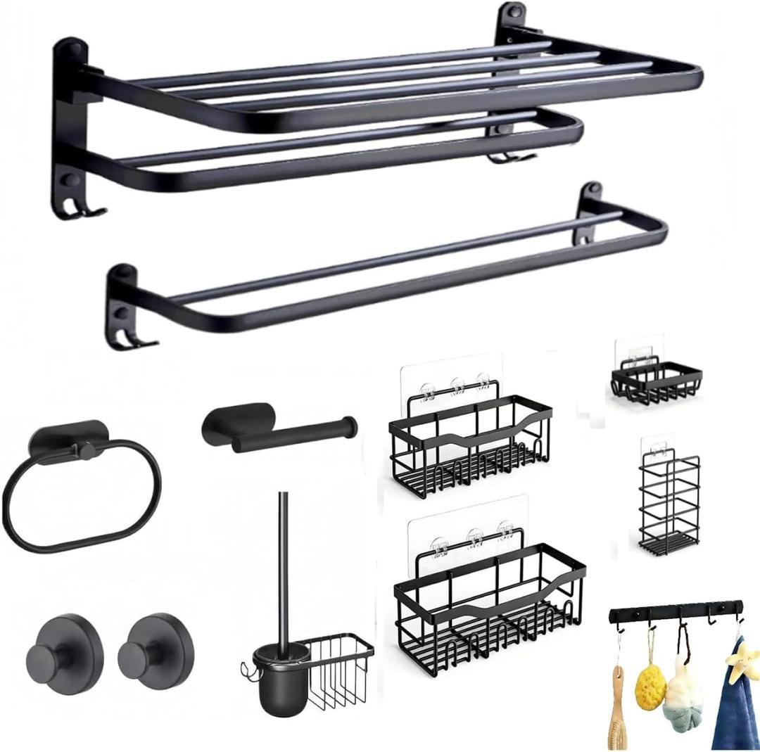 12-Piece No Drill Matte Black Bathroom Hardware Set, 23 Inch Wall Mounted Towel Rack & Towel Bar, Rustproof Stainless Steel Bathroom Organizer Storage, Toilet Brush, Large Capacity
