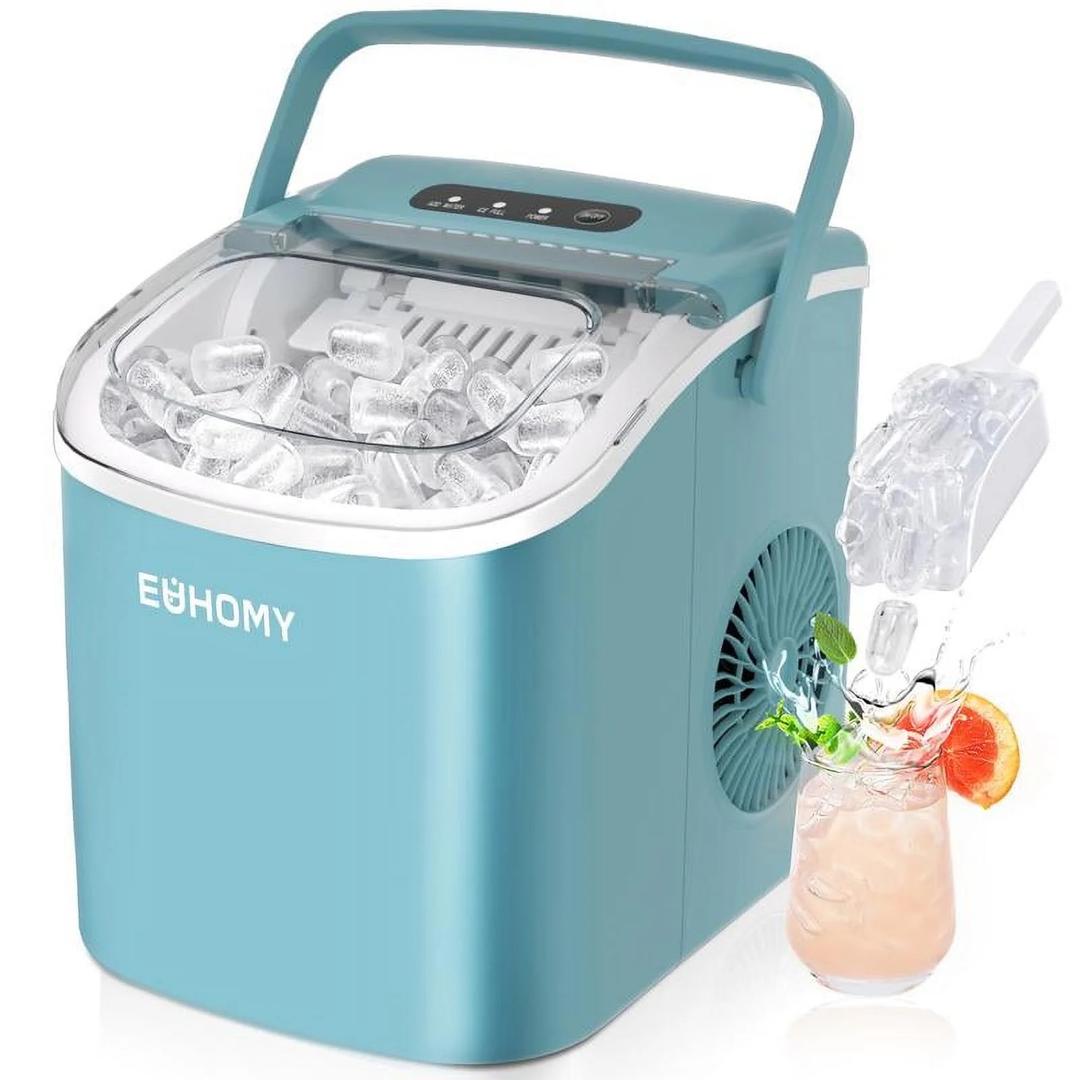 EUHOMY Countertop Ice Maker Machine with Handle, 26lbs Per Day, 9 Ice Cubes Ready in 6 Mins, Auto-Cleaning Portable Ice Maker with Basket and Scoop, for Home/Kitchen/Camping/RV (Silver) 11.57"D x 11.42"W x 8.74"H