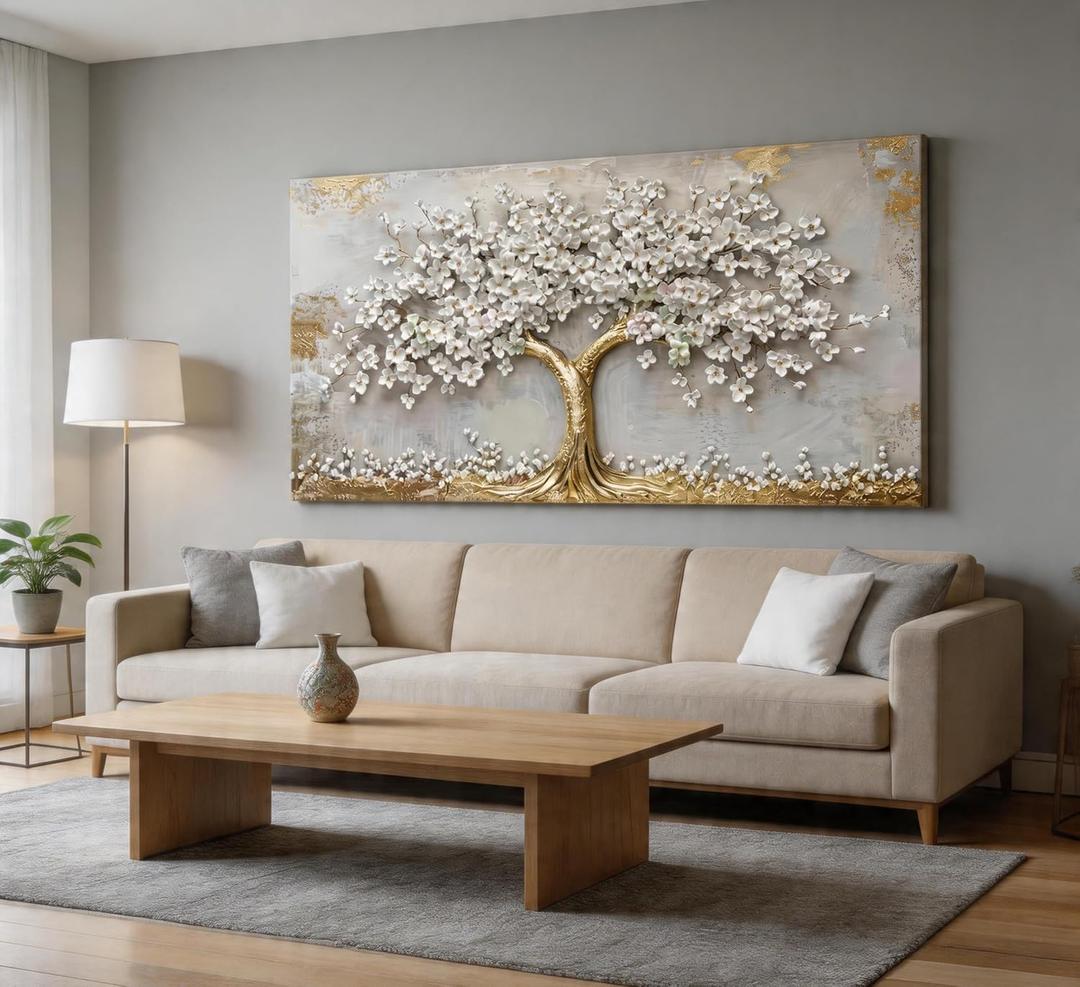 Large Tree of Life Canvas Wall Art Gold and White Flower Big Tree Painting Picture Wall Decor Botanical Floral Poster Print Artwork for Living Room Dining Bedroom, 40"L x 20"W