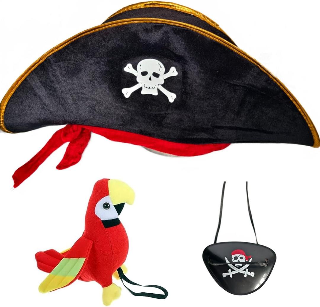 3Pcs Pirate Hat & Stuffed Shoulder Parrot & Eye Patches, Pirates Costume Accessories Skull Print Patch for Woman Men Adults for Halloween School Shows and Cosplay Props