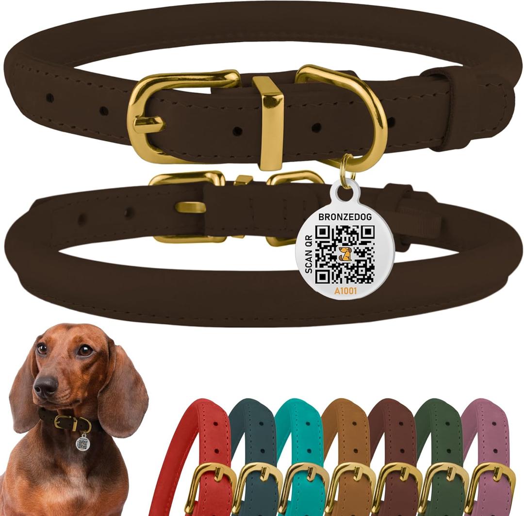 BronzeDog Rolled Leather Dog Collar with QR ID Tag, Adjustable Soft Round Collars for  Dogs Puppy (11" - 14 1/2" Neck Size, Brown)