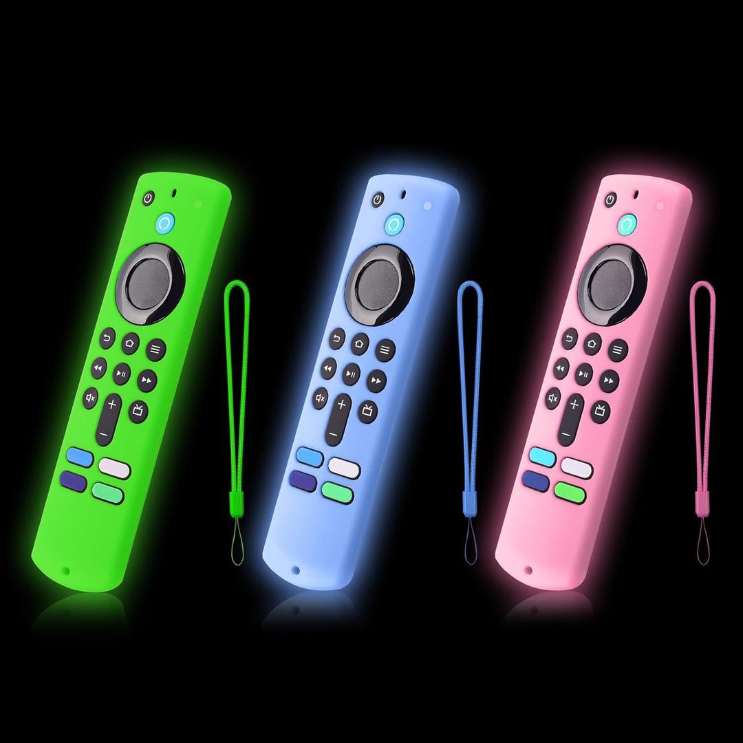3 Packs Glow Remote Cover Compatible with Lenovo FireTV Stick, HD, 3rd Gen., 4K Remote Controls, Anti-Slip Silicone Case with Lanyard, Glow in The Dark, Glow Green & Glow Blue & Glow Pink