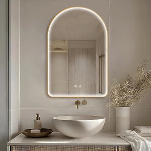 Niccy Arched LED Bathroom Mirror, 32"x20" Gold Framed Arch Wall Lighted Mirrors, Arching Frontlit Vanity-Mirror with Memory Function for Bathroom Bedroom, Defogger and 3 Color, Explosion-Proof