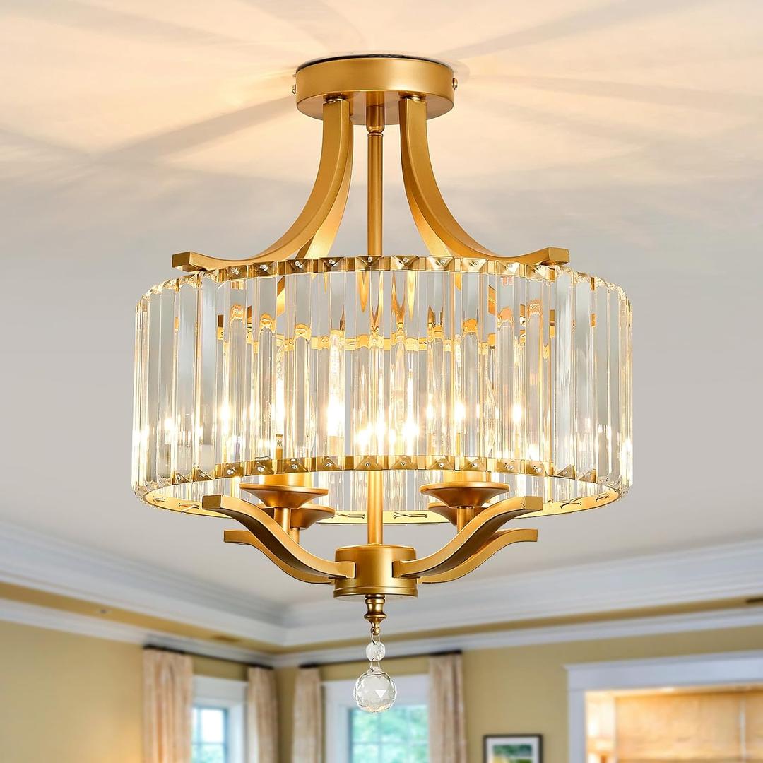 Modern Crystal Chandelier 4 Lights Gold Semi Flush Mount Ceiling Light Fixture E12 Metal Farmhouse Chandelier for Dining Room Living Room Bedroom Entryway Hallway Kitchen