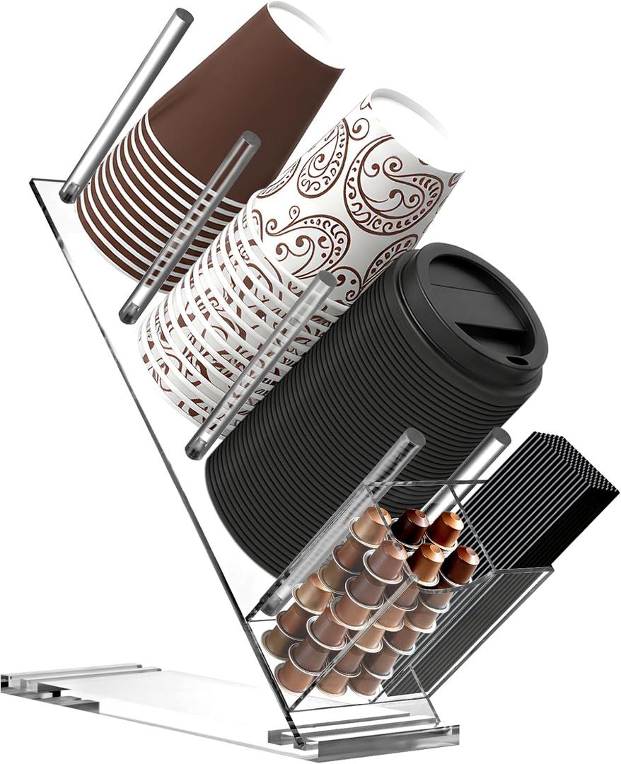Acrylic Coffee Cup and Lid Organizer, Adjustable Cups and Lid Holder, 5 Compartment Coffee Cup Holder for Disposable Paper Plastic Cups, Coffees Bar Organizers accessories