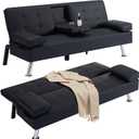 Faux Leather Sleeper Loveseat Futon Sofa Bed with Cup Holders, Button Tufted Folding Convertible Love Seat Lounge Sofabed Reversible Daybed with Pillow Armrests, Metal Legs for Living Room Apartment