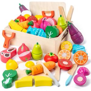32 Pcs Wooden Play Food Sets for Kids Kitchen Accessories, Montessori Educational Toys Food, Pretend Play Food for Toddlers, Velcro Fruits and Vegetables Cutting Set for Kids Boys Girls