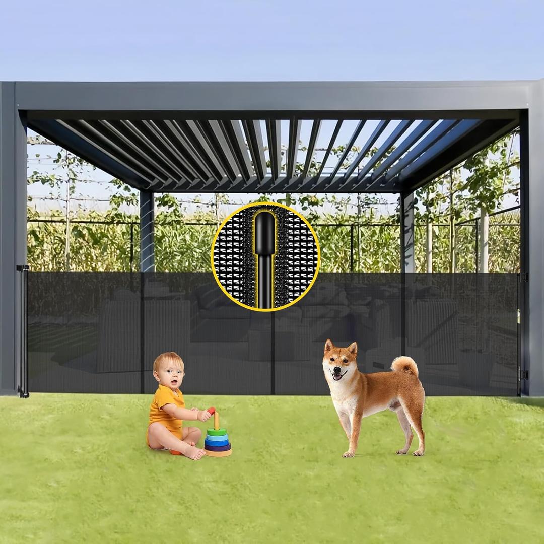 Reinforced 42 Tall x 160 Extra Wide Retractable Baby Gates with Support Rods, Outdoor Pet Gate for Wide Openings, Tall Baby Gates for Dogs Extra Long Dog Gate Large Outdoor Gates for Decks, Black