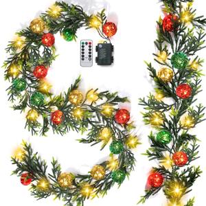 Ceenna 2 Pcs Prelit Christmas Garland with Lights, 12ft 20 Christmas Balls LED Battery Operated Lighted Garland with 8 Modes Timer Remote for Mantle Fireplace Christmas Stairs Decorations(Multicolor)