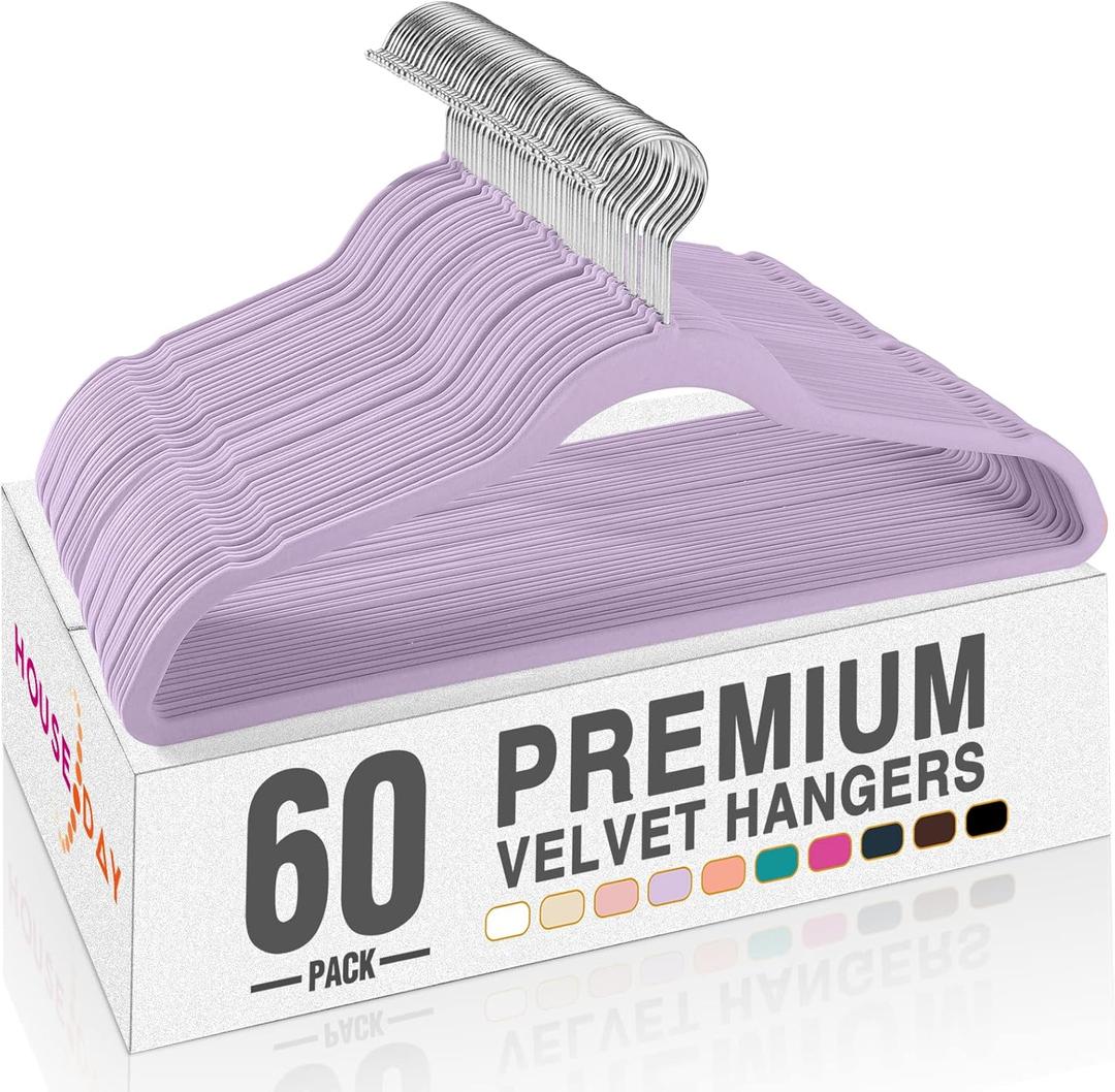 HOUSE DAY Lt-Purple Velvet Hangers 60 Pack, Non Slip Clothes Felt Hanger Heavy Duty for Coat, Premium Slim Space Saving Suit Hangers for Closet Organizer, 360 Rotating Silver Hook