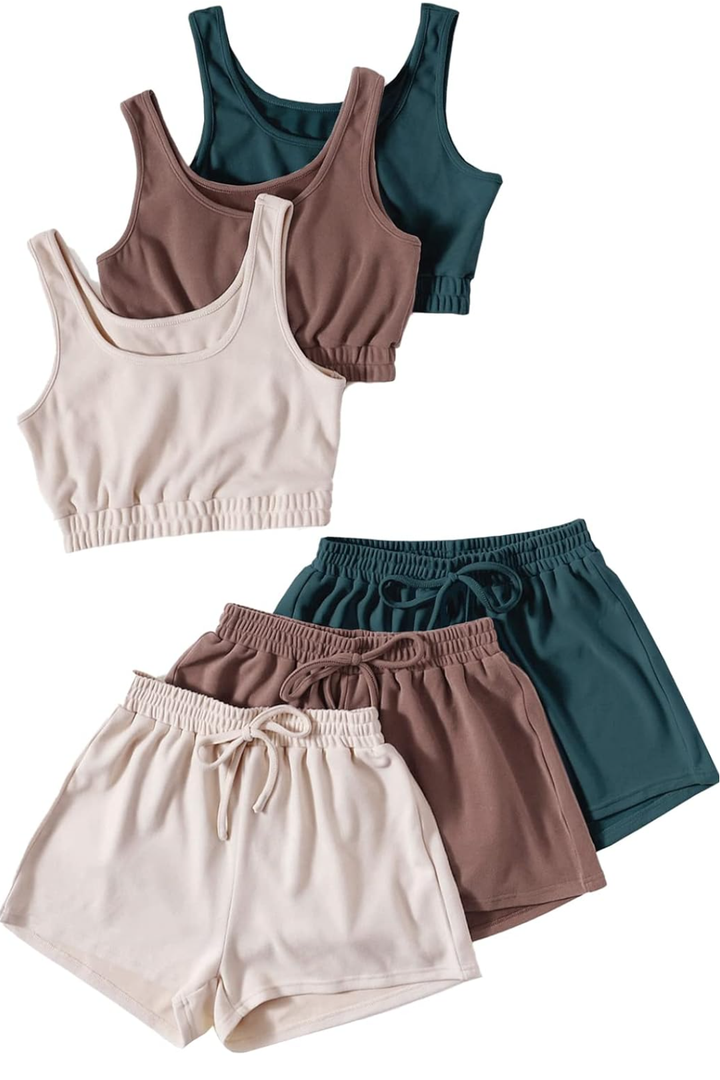 GORGLITTER Summer Outfits for Women 2025 Vacation Beach 6 Pieces Crop Tank Top and Shorts Matching Sets M