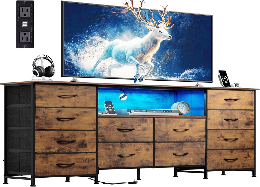 WLIVE 12 Drawer Dresser for Bedroom, Dresser TV Stand for 65, 70, 75 inch TV with Led Lights & Charging Station, Wide Chest of Drawers with Open Shelves, Fabric Dressers for Living Room, Rustic Brown (Rustic Brown Wood Grain Print)
