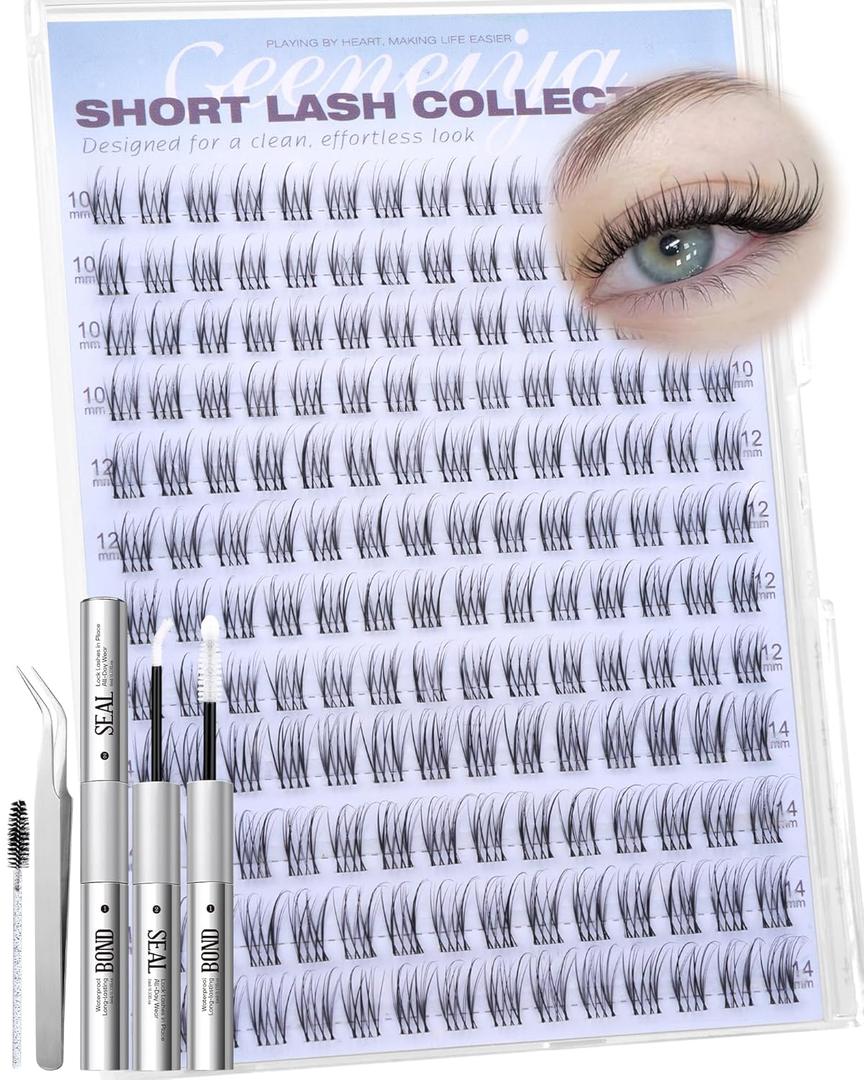 Geeneiya Short Lash Clusters Kit Natural Eyelash Clusters 10-12-14MM Wispy Cluster Lashes Kit Pestaas Postizas Naturales C Curl Cluster Eyelash Extensions Lash Extension Kit with Lash Bond and Seal,  Natural Kit