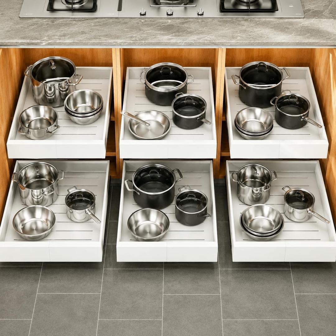 Pull out Cabinet Organizer, 6-pack, Expandable(12"-20") Heavy Duty Slide out Drawers Fixed with Adhesive Nano Film for Pots, Roll out Shelf Storage for Kitchen Base Cabinet Organization(3 Rails)