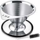 LHS Pour Over Coffee Dripper Stainless Steel Coffee Filter Metal Cone Filter Paperless Reusable Coffee Filter Single Cup Coffee Maker 1-4 Cup With Non-slip Cup Stand and Cleaning Brush