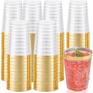 I00000 50 Pack 12 oz Gold Plastic Cups, Gold Rimmed Disposable Cups, Disposable Plastic Wine Glasses Cocktail Glasses Heavy Duty Cup with Golden Rim, 12 Ounce Tumblers for Party & Wedding