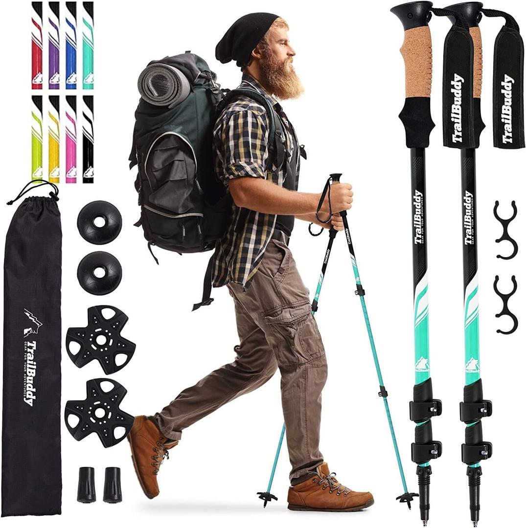 TrailBuddy Trekking Poles - Lightweight, Collapsible Hiking Poles for Snowshoe & Backpacking Gear - Pair of 2 Walking Sticks for Hiking, 7075 Aluminum with Cork Grip (Aqua Sky)