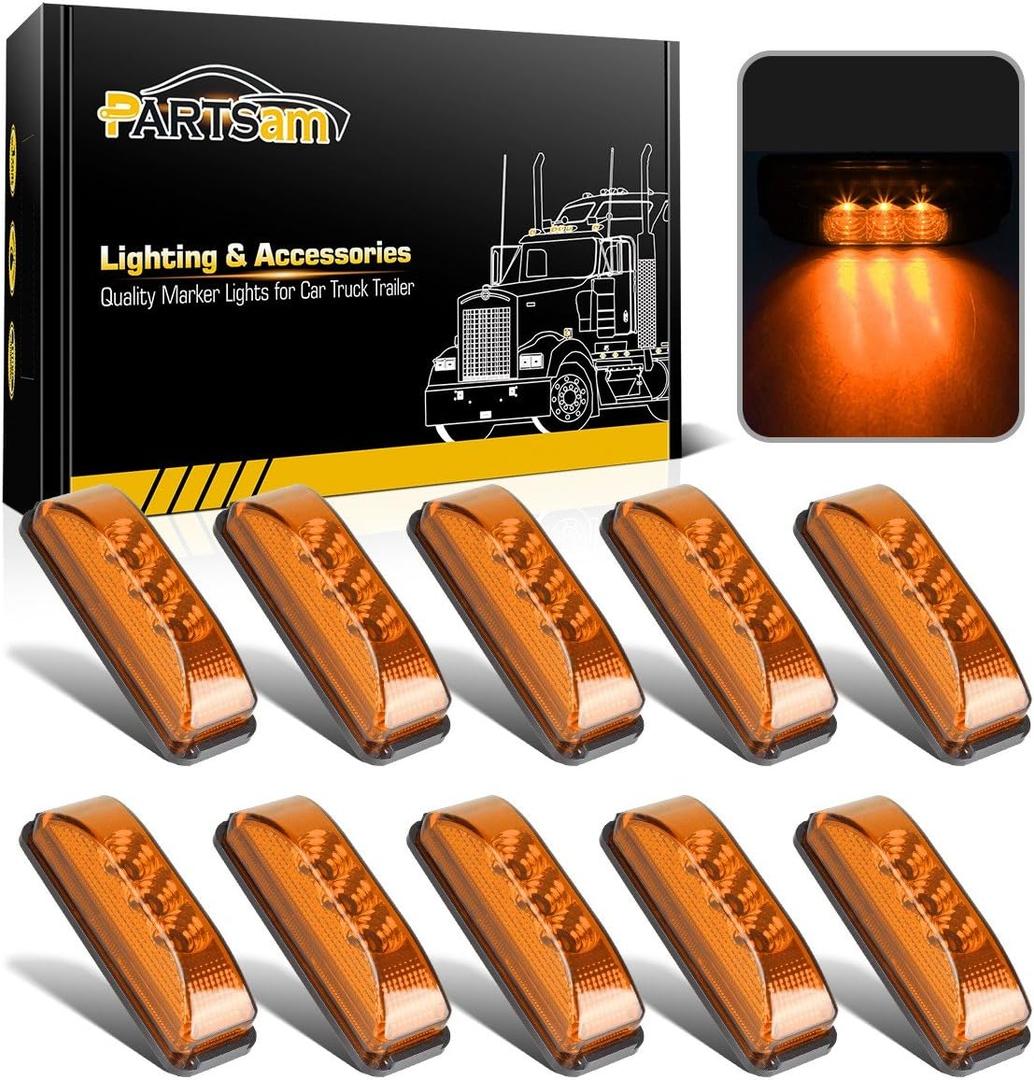 Partsam 10Pcs 3.9 Inch Amber 3LED Side Marker Clearance Lights [DOT Approved] Indicators for Trailer Truck RV Camper UTV, Waterproof Sealed, Surface Mounted, 12V