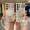 for Samsung Galaxy S25 Ultra Bling Diamond Case with Love Beaded Wrist Strap, Glitter Butterfly Floral Magnetic Cover with Flower Kickstand for Galaxy S25 Ultra RH White