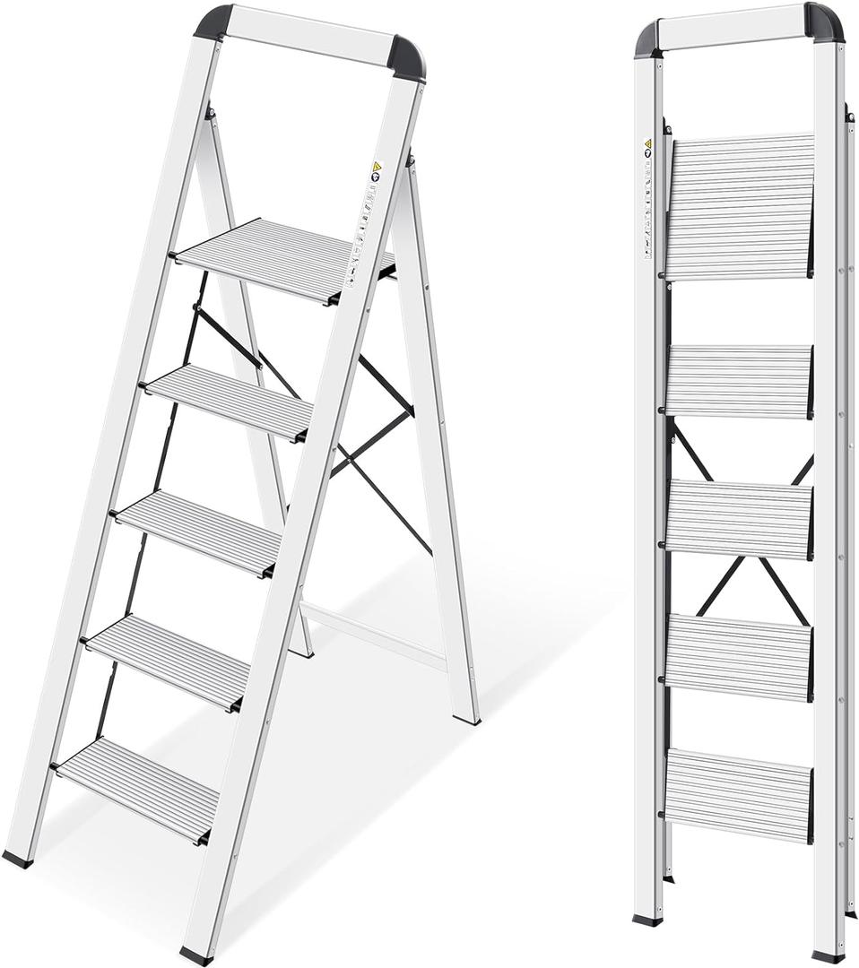 KINGRACK Aluminium 5 Step Ladder, Lightweight Step Stool with Non-Skid Pedals, Handrail, Foldable Step Ladder for Kitchen, Garage, Home, Space Saving, Sturdy and Portable, Silver