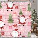 Pink Christmas Holiday Shower Curtain 72Wx72L Winter Santa Claus Cute Xmas Tree Holiday Kids New Year Bathroom Set Accessories Decor with 12 Pack Hooks
