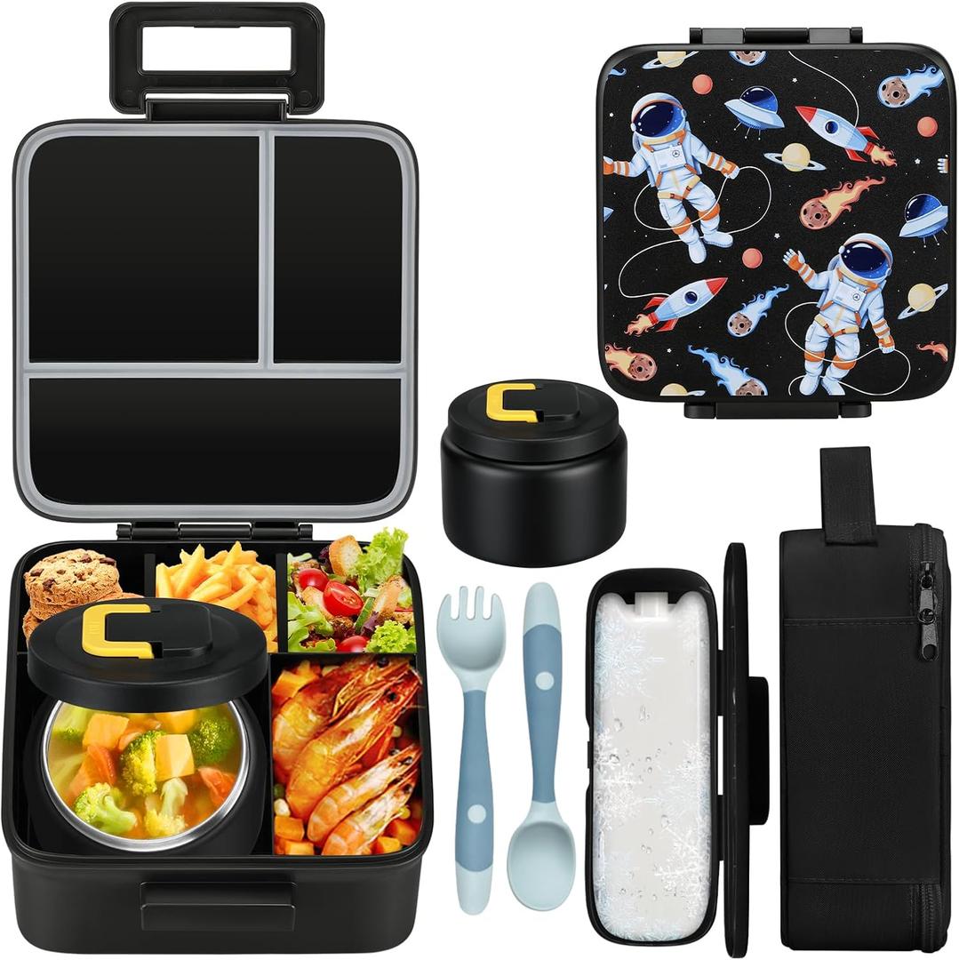 MAISON HUIS Bento Lunch Box with 8oz Soup Thermo, 5-Compartment Leak-Proof Container, Thermo Hot Food Jar and Insulated Lunch Bag, BPA Free, Travel, School (Black-Astronaut2)