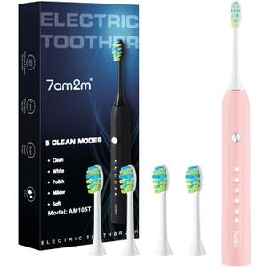 7AM2M Ultrasonic Electric Toothbrush for Adults and Kids, 40000 VPM High-Powered with 4 Brush Heads & 5 Modes, One Charge for 90 Days, 2 Minutes Built-in Smart Timer, Rechargeable Toothbrushes, Pink