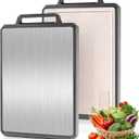 Double Sided Stainless Steel Cutting Board Non-toxic for Kitchen Chopping Large Big Small Metal Carving Meat Butcher Block with Handle Not Titanium Wood Bamboo Plastic Over Sink Grey/Beige (Medium)