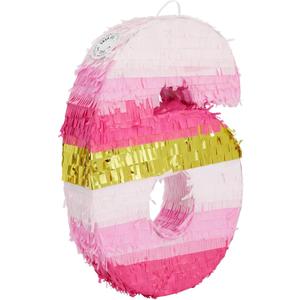 Number 6 Pinata, Pink and Gold Foil for Girls 6th Birthday Party Decorations (Small, 16.5 x 11 Inches)