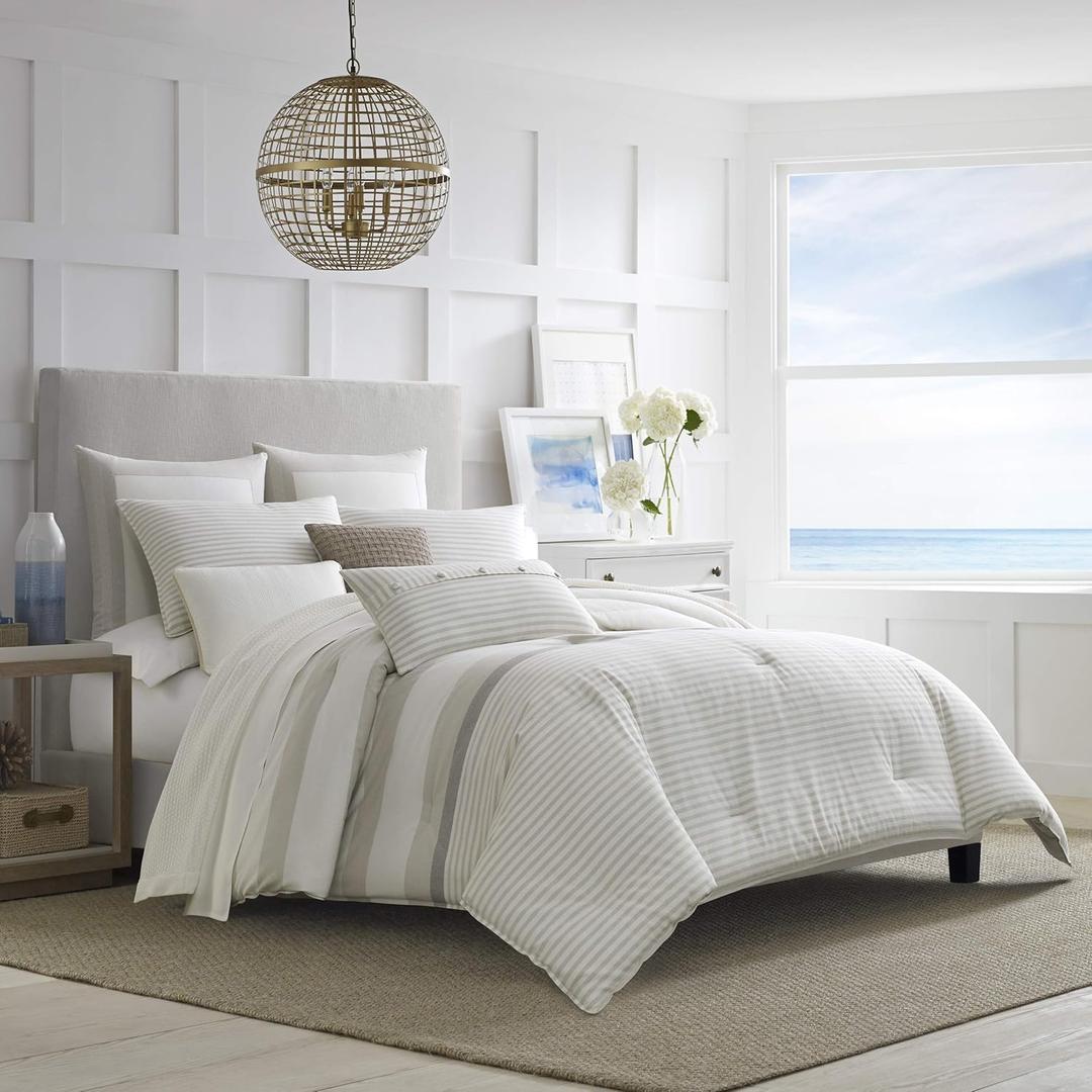 Nautica - Queen Comforter Set, Reversible Cotton Bedding with Matching Shams, Medium-Weight, Oeko-Tex Certified (Saybrook Beige)
