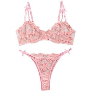 Lilosy Sexy Underwire Cute Push Up Strappy Embroidered Mesh Sheer Lingerie Set See Through Panty Bra Size SX