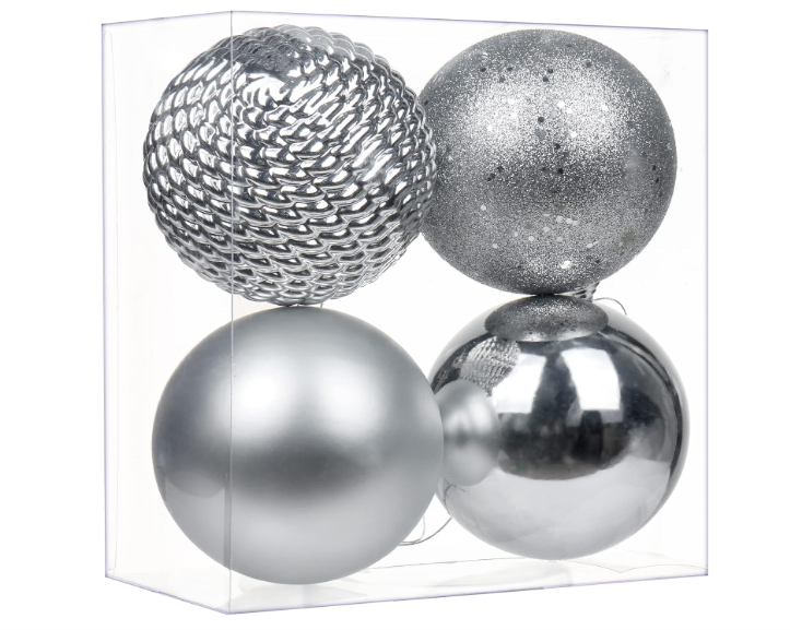 Christmas Ornaments Balls 4.7" Large Christmas Decorations Xmas Tree Shatterproof Big Silver Christmas Ball Ornaments with Hanging Loop for Wedding Holiday Halloween Party Indoor Outdoor Decor 4 Pcs