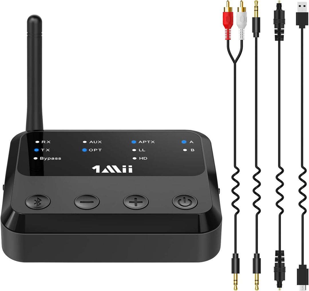 1Mii B310Pro Bluetooth 5.2 Transmitter Receiver for TV Home Stereo, aptX Low Latency/HD Long Range Wireless Audio Adapter for 2 Wireless Headphones, Bypass Mode, Optical, RCA, 3.5mm AUX